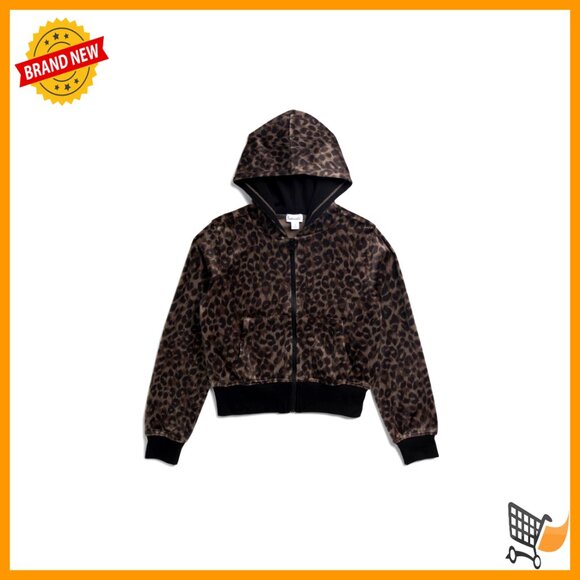 Girls Velour Zip Up Hoodie Cozy Cheetah Print Sweatshirt Kangaroo Pockets